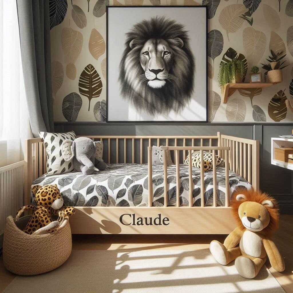 Chambre petit garçon avec lit Montessori, draps feuilles, rideaux lion, peluches zèbre et éléphant, prénom Claude brodé sur coussin et ombre sur mur
