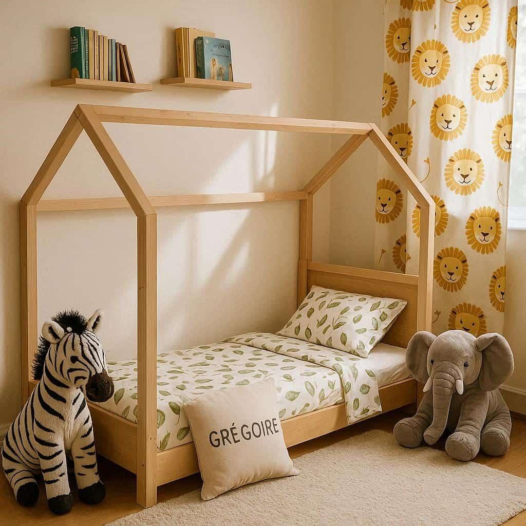 Une chambre de petit garcon avec un lit montessori avec des draps motifs feuilles rideaux motif lion peluche zebre peluche elephant prenom gregoire ecrit en francais brode sur le c