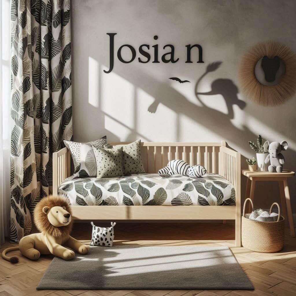 Une chambre de petit garcon avec un lit montessori avec des draps motifs feuilles rideaux motif lion peluche zebre peluche elephant prenom josian brode sur le coussin ombre sur le