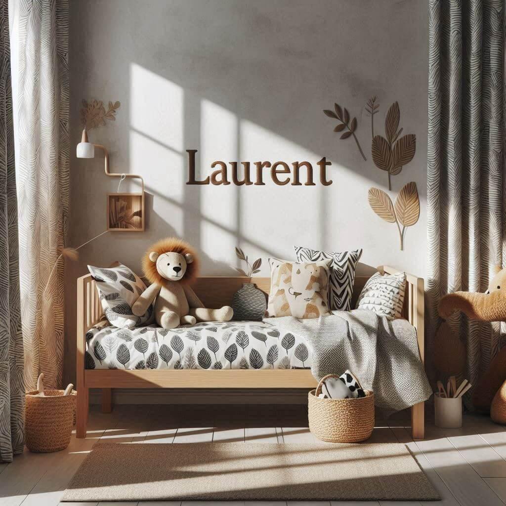 Une chambre de petit garcon avec un lit montessori avec des draps motifs feuilles rideaux motif lion peluche zebre peluche elephant prenom laurent brode sur le coussin ombre sur le