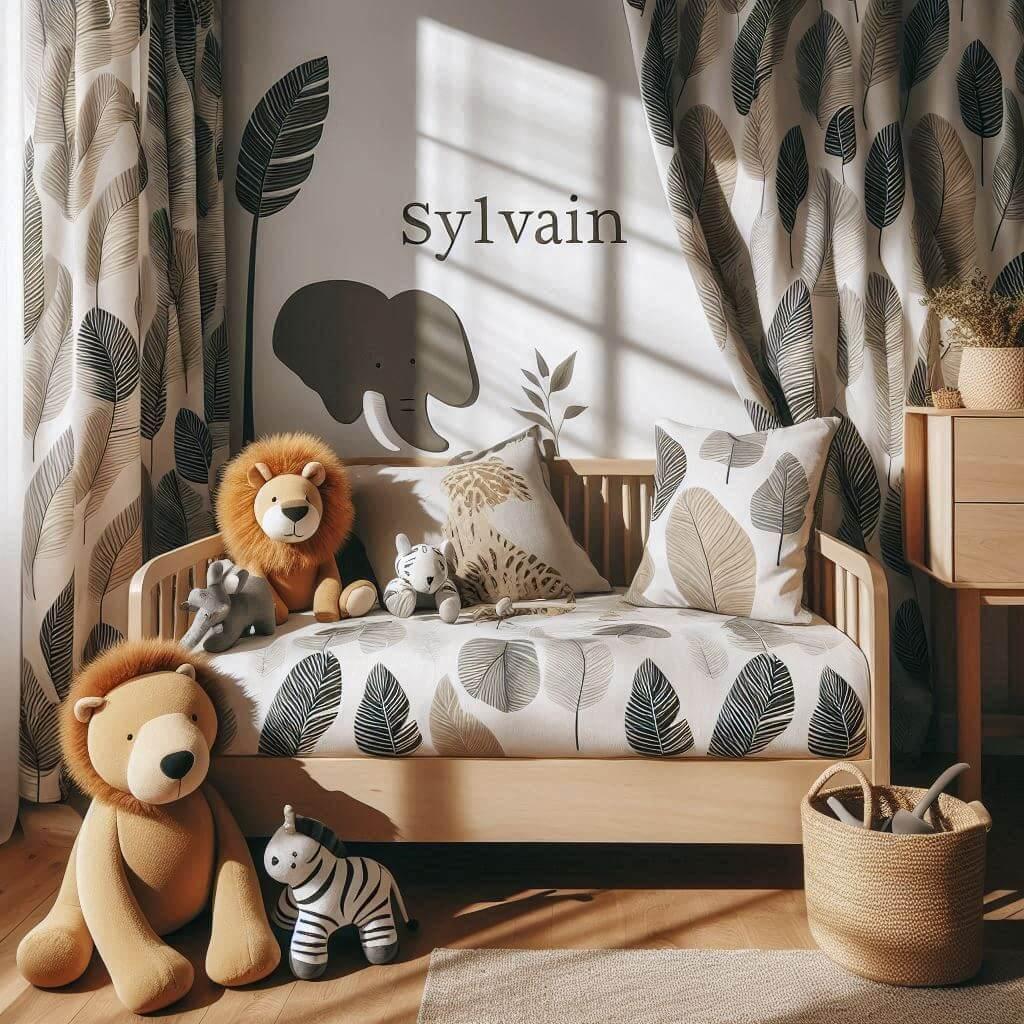 Une chambre de petit garcon avec un lit montessori avec des draps motifs feuilles rideaux motif lion peluche zebre peluche elephant prenom sylvain brode sur le coussin ombre sur le