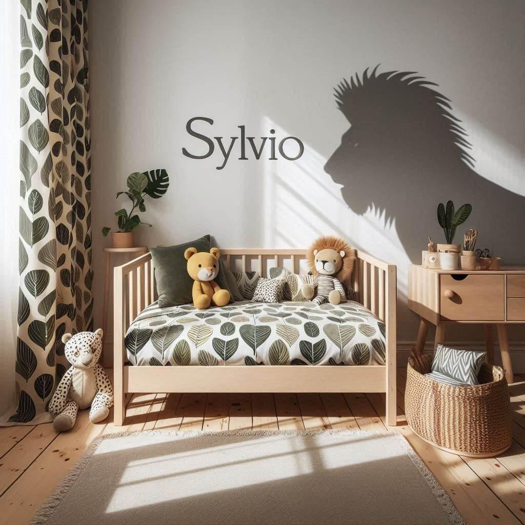 Une chambre de petit garcon avec un lit montessori avec des draps motifs feuilles rideaux motif lion peluche zebre peluche elephant prenom sylvio brode sur le coussin ombre sur le
