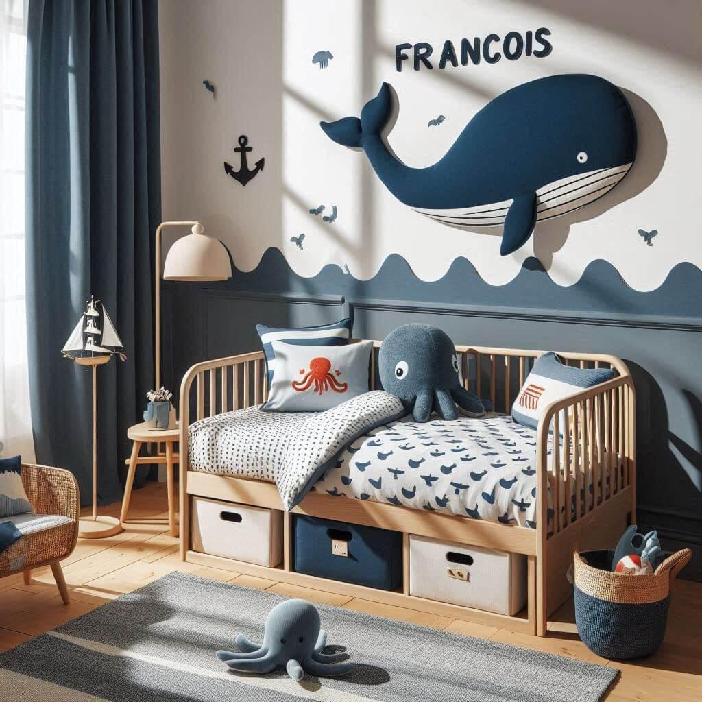 Une chambre de petit garcon avec un lit montessori avec des draps motifs marin prenom francois