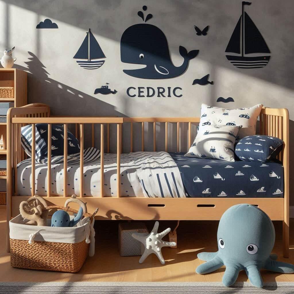 Chambre Montessori garçon Cédric thème marin coussin brodé