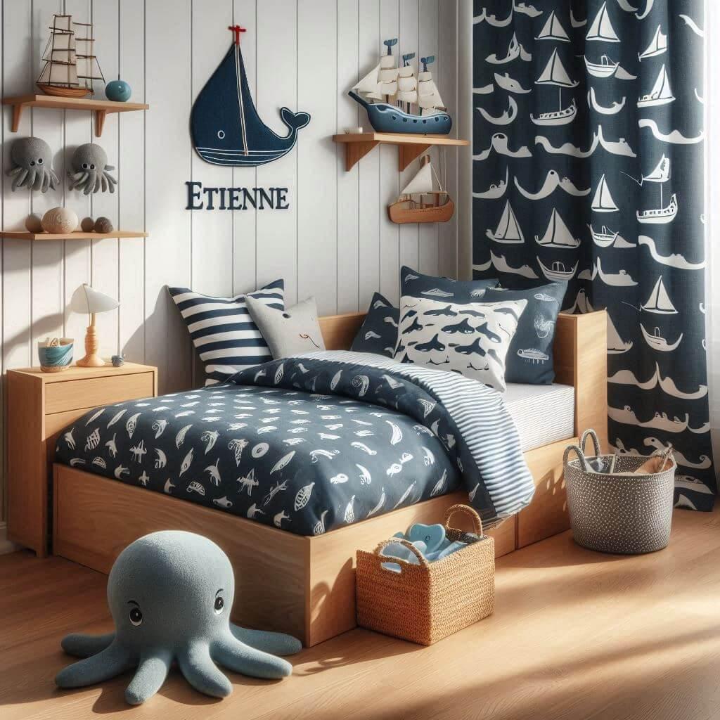 Chambre garçon Étienne avec lit Montessori, draps marins, rideaux bateau et peluches poulpe et baleine.
