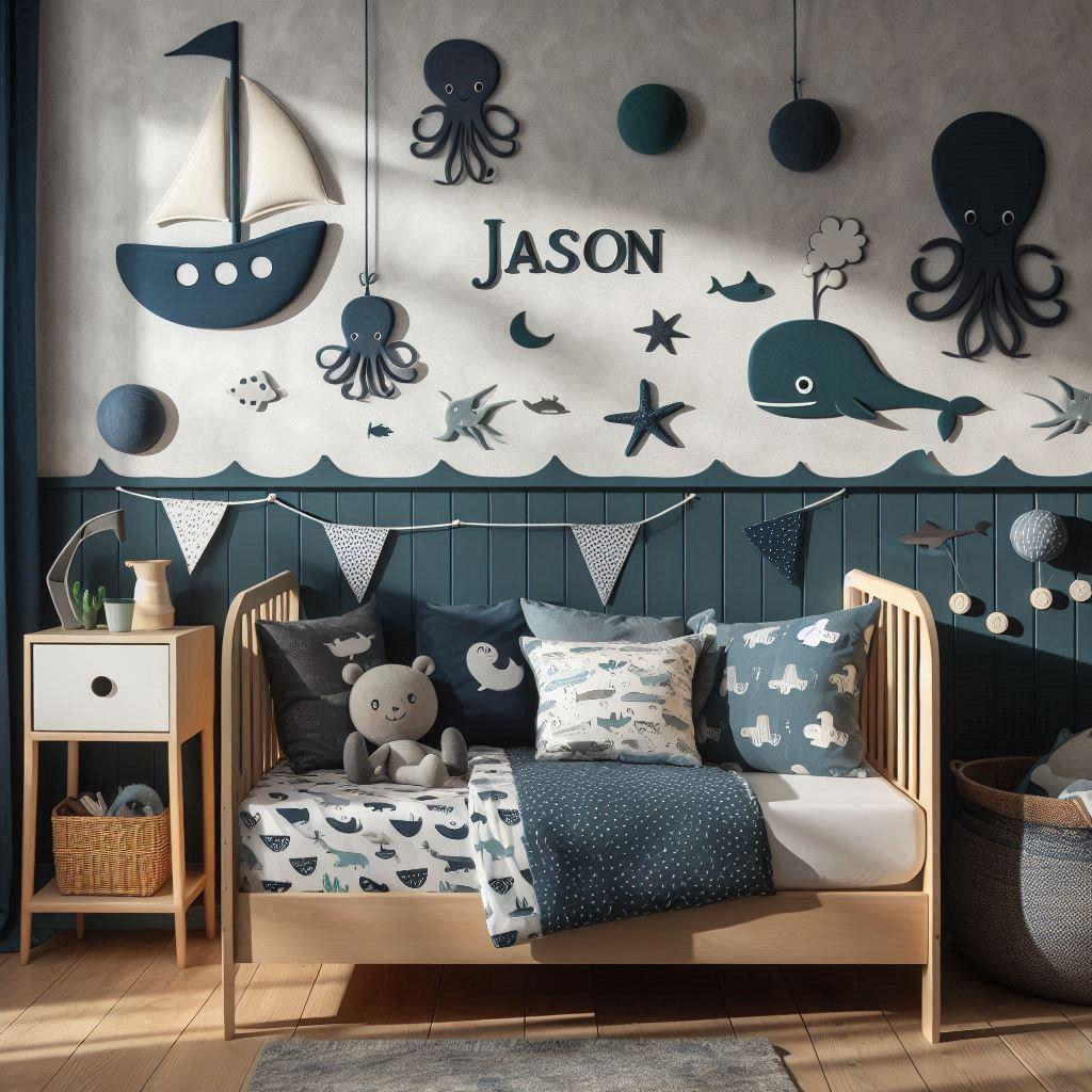 Une chambre de petit garcon avec un lit montessori avec des draps motifs marin rideaux motif bateau peluche poulpe peluche baleine prenom jason brode sur le coussin ombre sur le mu