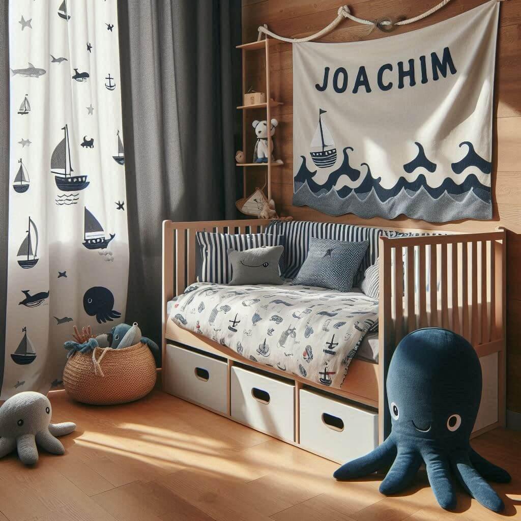 Une chambre de petit garcon avec un lit montessori avec des draps motifs marin rideaux motif bateau peluche poulpe peluche baleine prenom joachim brode sur le coussin et une ombre