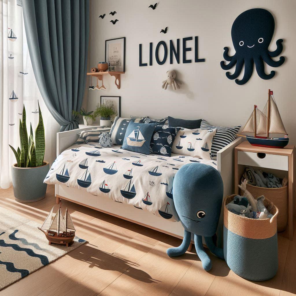 Chambre garçon Lionel lit Montessori, draps marin, peluches poulpe et baleine, prénom brodé sur coussin