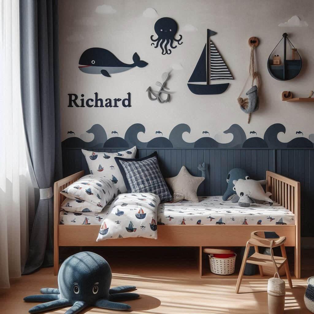 Une chambre de petit garcon avec un lit montessori avec des draps motifs marin rideaux motif bateau peluche poulpe peluche baleine prenom richard brode sur le coussin et une ombre