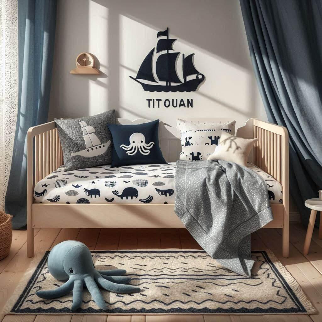 Une chambre de petit garcon avec un lit montessori avec des draps motifs marin rideaux motif bateau peluche poulpe peluche baleine prenom titouan brode sur le coussin ombre sur le