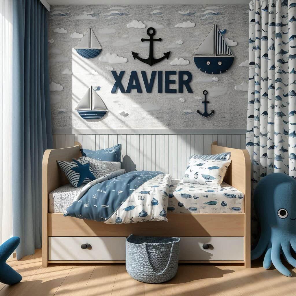 Une chambre de petit garcon avec un lit montessori avec des draps motifs marin rideaux motif bateau peluche poulpe peluche baleine prenom xavier brode sur le coussin ombre sur le m
