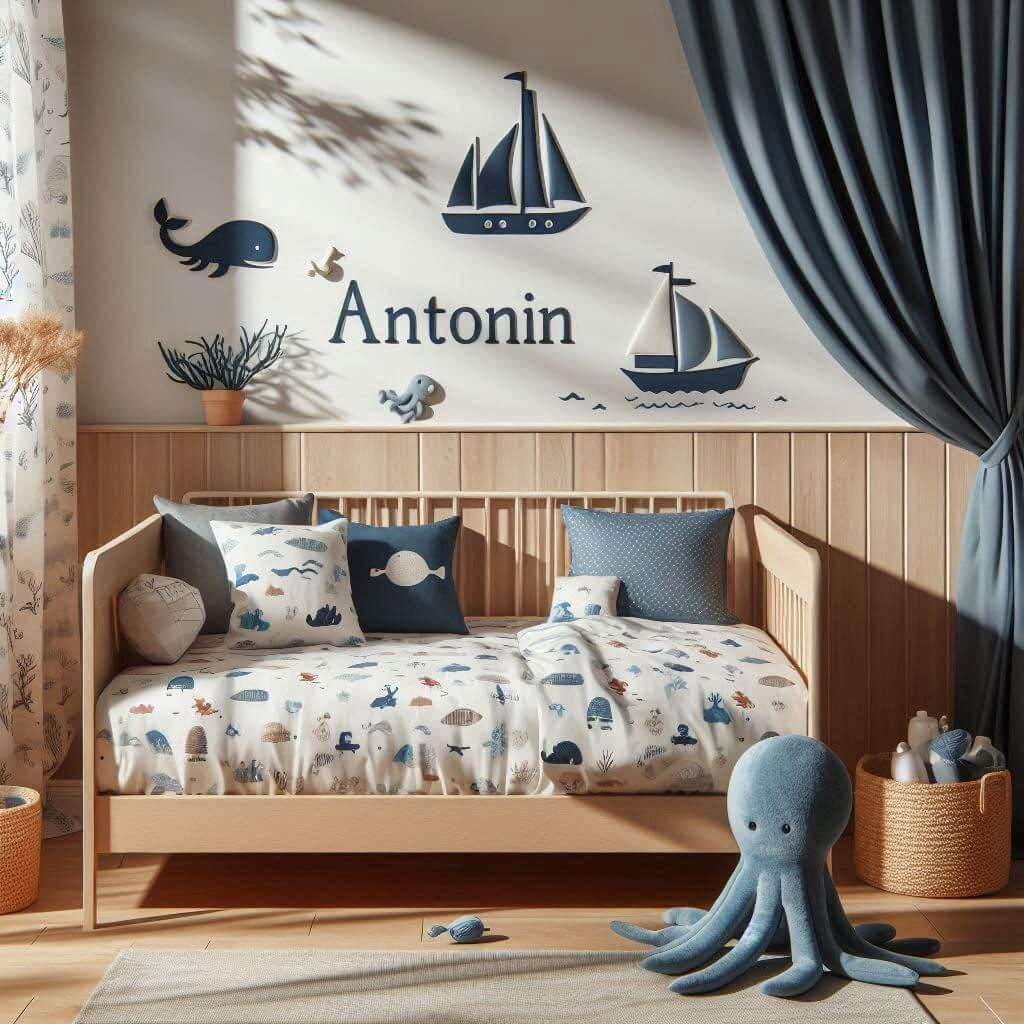 Une chambre de petit garcon avec un lit montessori avec des draps motifs marin theme de la mer prenom antonin