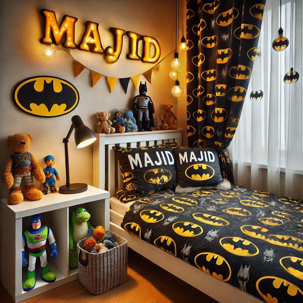 Une chambre de petit garcon avec un lit simple avec des draps motifs batman rideaux motif batman lampe allumee peluche et figurines prenom majid ecrit sur le coussin