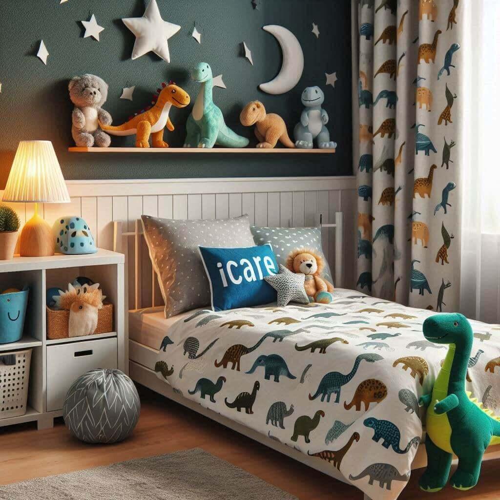 Une chambre de petit garcon sur le theme des dinosaures avec le prenom icare