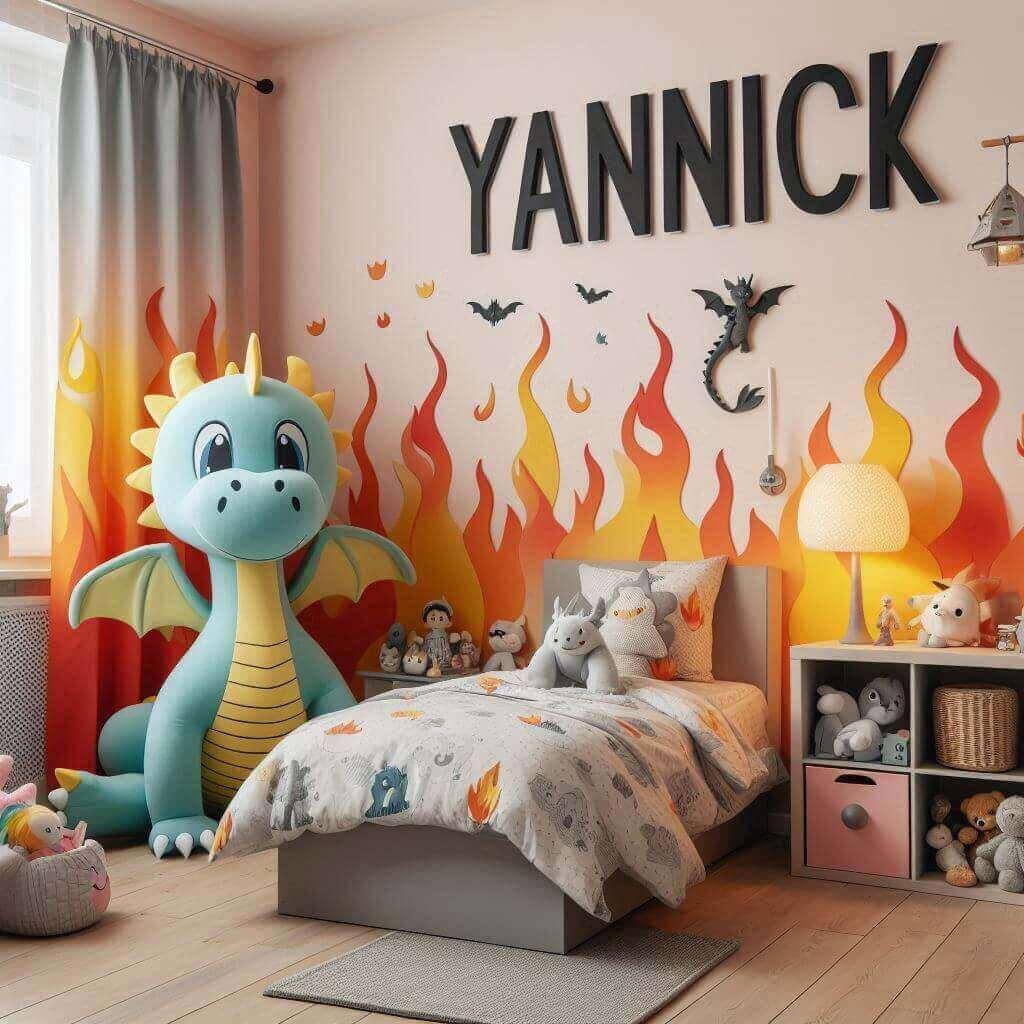 Une chambre de petit garcon avec un lit simple avec des draps motifs dragon prenom yannick