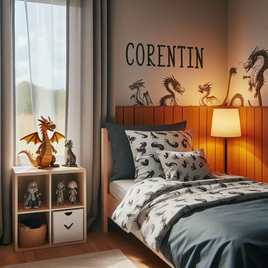 Une chambre de petit garcon avec un lit simple avec des draps motifs dragon rideaux motif dragon rigolo prenom corentin ecrit le prenom sur une lampe de chevet avec des figurines s