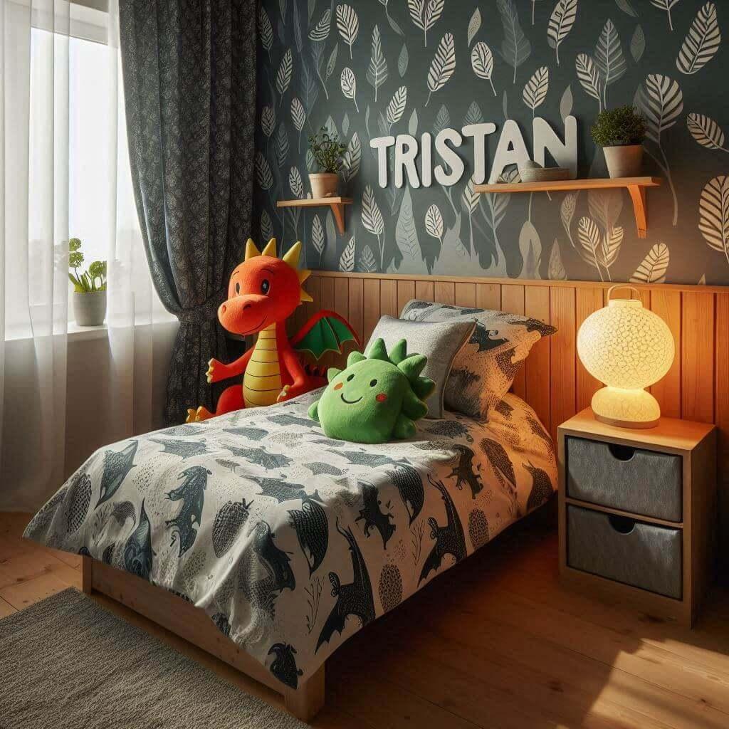 decoration de chambre enfant sur le theme des dragons, prénom tristan