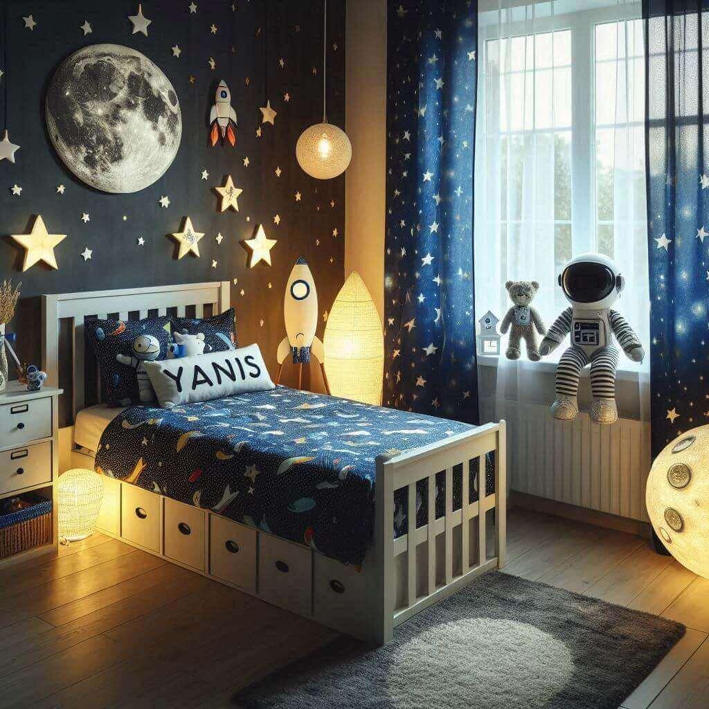 Une chambre de petit garcon avec un lit simple avec des draps motifs fusee prenom yanis