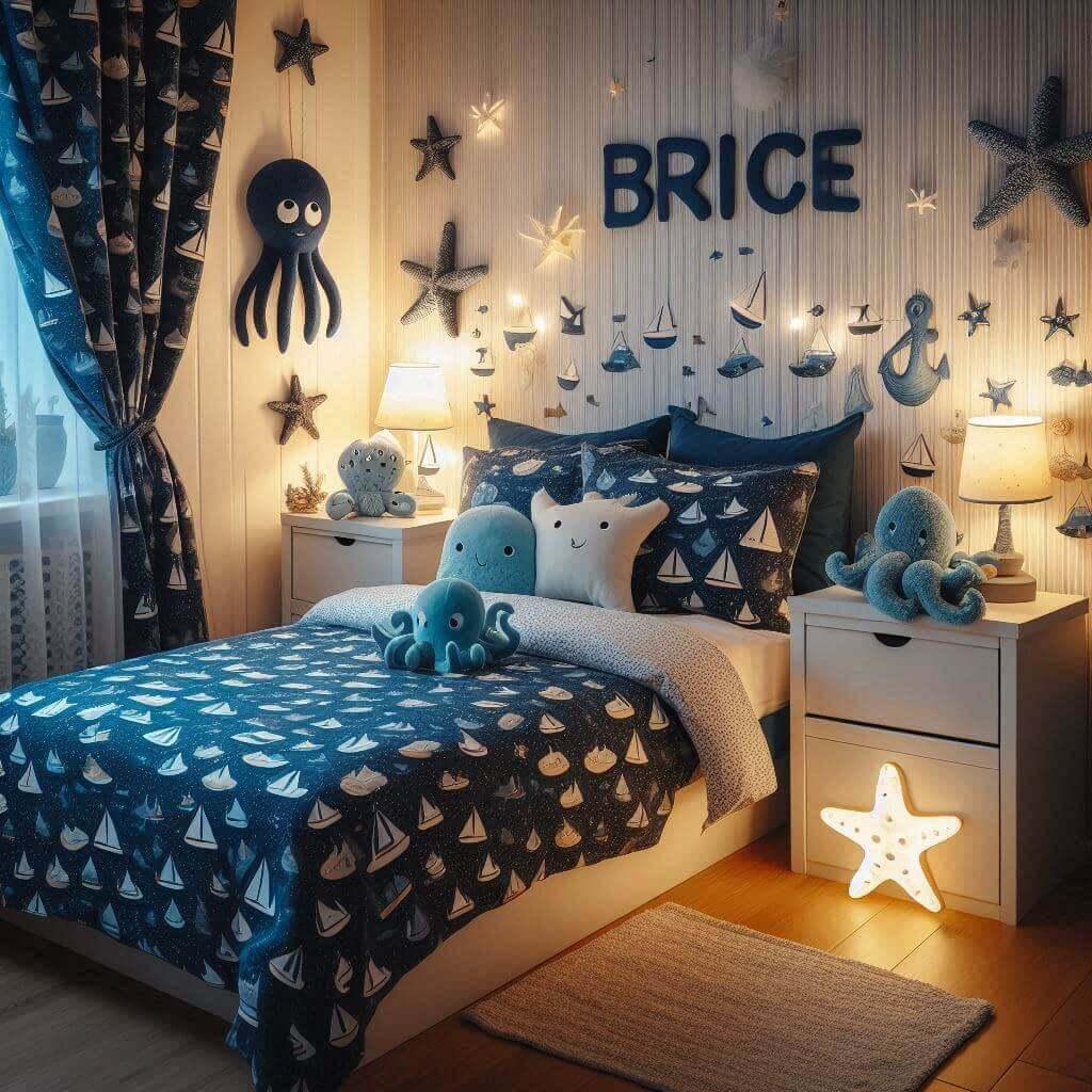 Une chambre de petit garcon avec un lit simple avec des draps motifs marin rideaux motif bateau lampe etoile de mer allumee peluche poulpe peluche baleine prenom brice ecrit sur le
