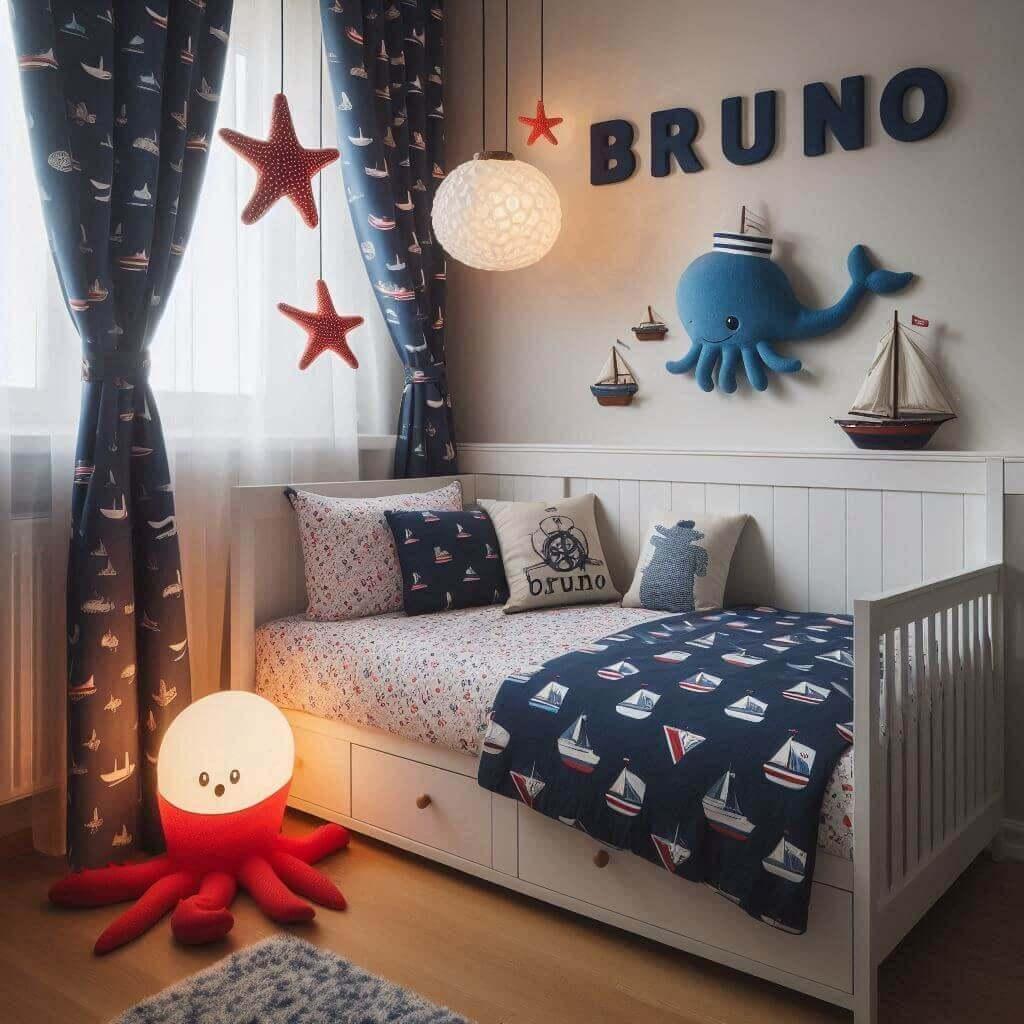 Une chambre de petit garcon avec un lit simple avec des draps motifs marin rideaux motif bateau lampe etoile de mer allumee peluche poulpe peluche baleine prenom bruno 1 1