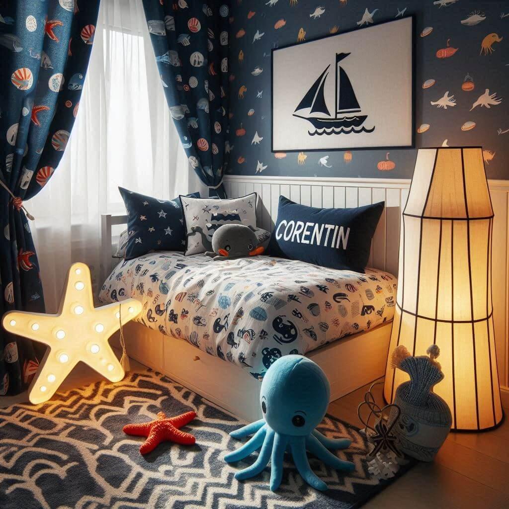Une chambre de petit garcon avec un lit simple avec des draps motifs marin rideaux motif bateau lampe etoile de mer allumee peluche poulpe peluche baleine prenom corentin brode sur