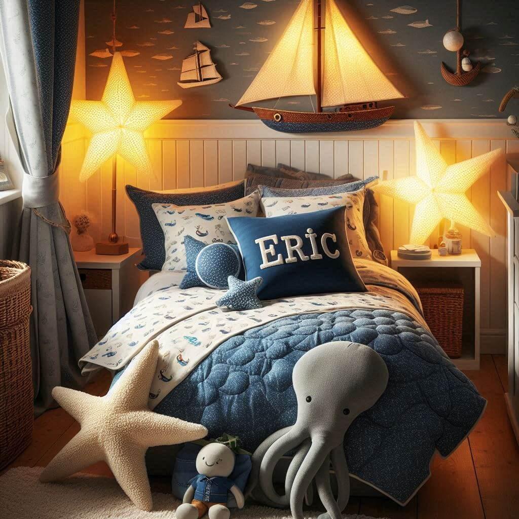 Une chambre de petit garcon avec un lit simple avec des draps motifs marin rideaux motif bateau lampe etoile de mer allumee peluche poulpe peluche baleine prenom eric ecrit sur le