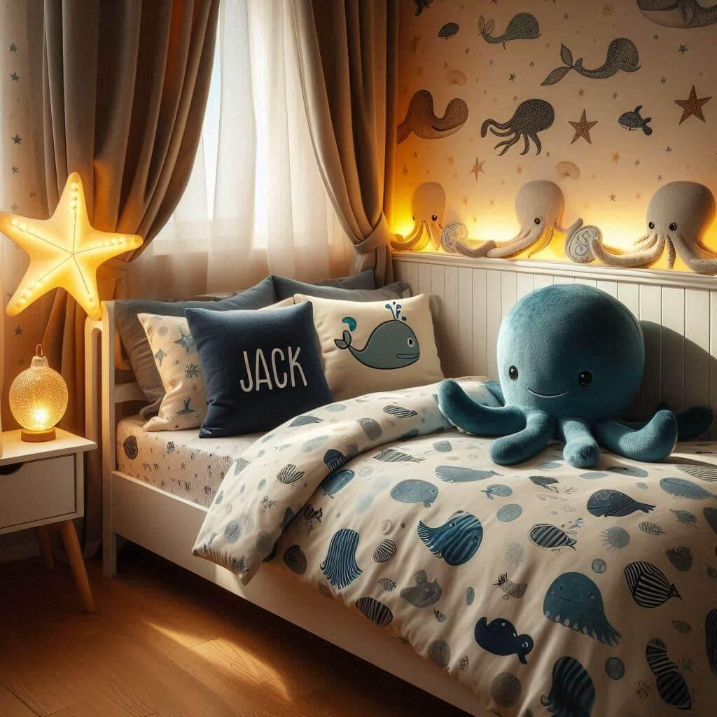 Une chambre de petit garcon avec un lit simple avec des draps motifs marin rideaux motif bateau lampe etoile de mer allumee peluche poulpe peluche baleine prenom jack ecrit sur le