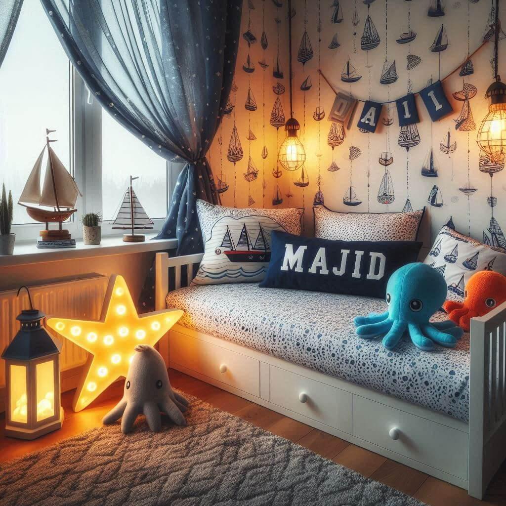 Une chambre de petit garcon avec un lit simple avec des draps motifs marin rideaux motif bateau lampe etoile de mer allumee peluche poulpe peluche baleine prenom majid ecrit sur le