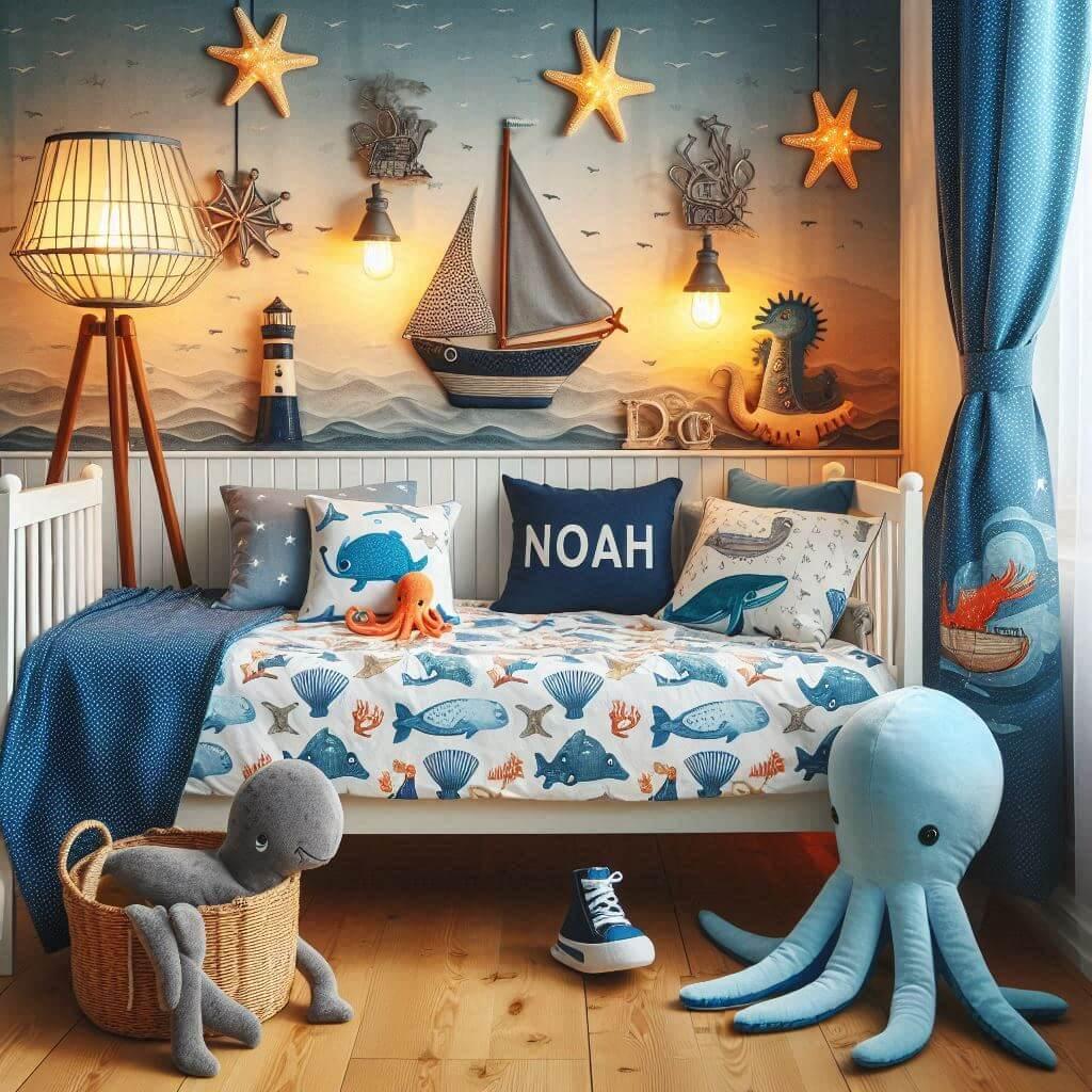 Une chambre de petit garcon avec un lit simple avec des draps motifs marin rideaux motif bateau lampe etoile de mer allumee peluche poulpe peluche baleine prenom noah ecrit sur le