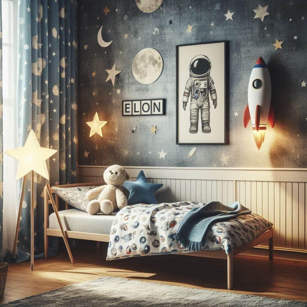 Une chambre de petit garcon avec un lit simple des draps a motifs astronaute des rideaux a motif etoile et lune une lampe etoile allumee une peluche fusee papier peint vintage dela