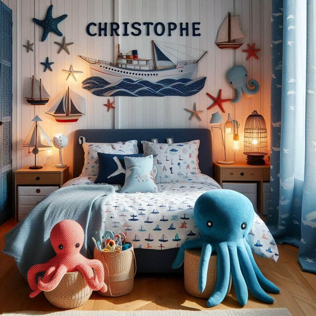 Chambre garçon thème marin avec coussin prénom Christophe et peluches océaniques