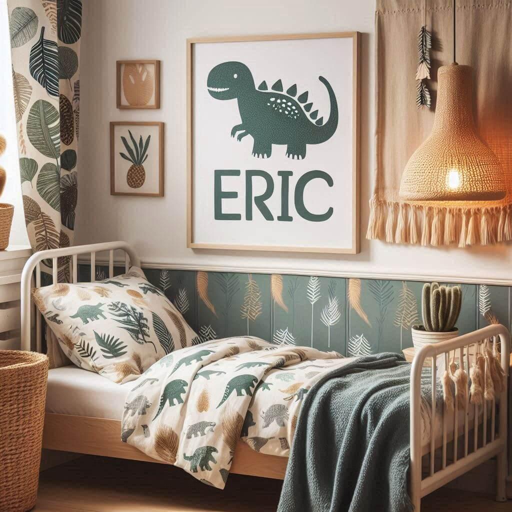 Une chambre de petit garcon avec un lit simple des draps en coton a motifs dinosaures des rideaux en tissu a motif de feuilles sur le mur un cadre avec le prenom eric ecrit en ital