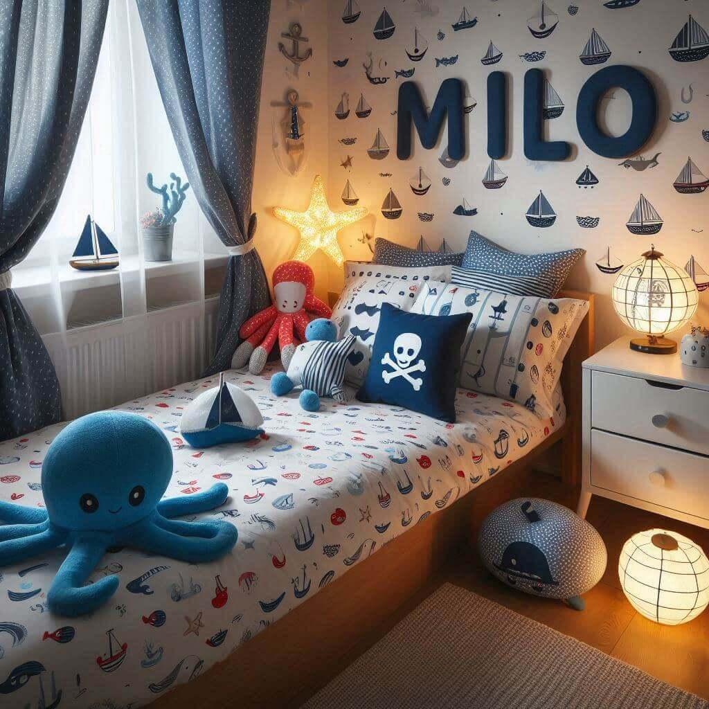 Une chambre de petit garcon avec un lit simple des draps motifs marin, prenom milo