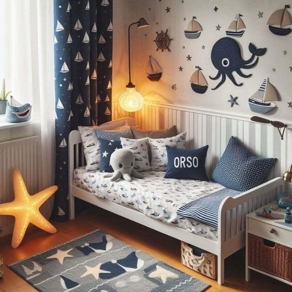 Chambre enfant garçon avec lit marin, coussin Orso, peluches poulpe et baleine, rideaux bateau et lampe étoile de mer