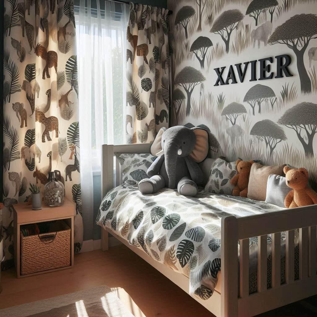 Une chambre de petit garcon avec un lit simple theme de la savane des draps motifs feuilles des rideaux motif animaux et le prenom xavier peluche elephant sur le lit ombre sur le m
