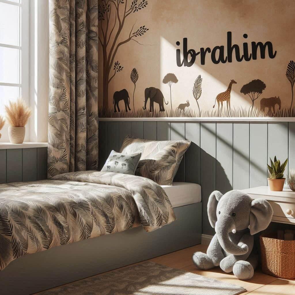 Une chambre de petit garcon avec un lit simple theme de la savane des draps motifs feuilles des rideaux motif animaux le prenom ibrahim une peluche elephant sur le lit et une ombre