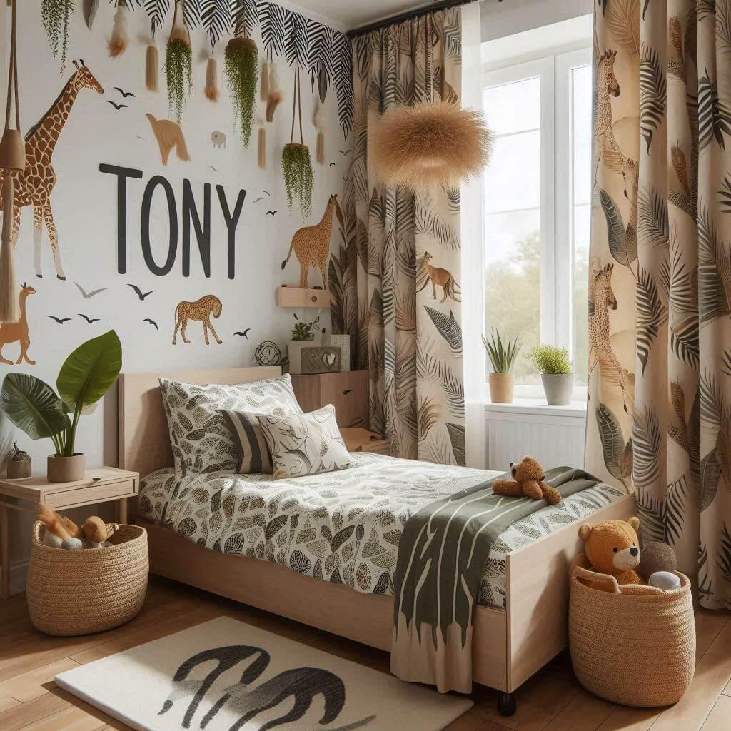 Une chambre de petit garcon avec un lit simple theme de la savane prenom tony