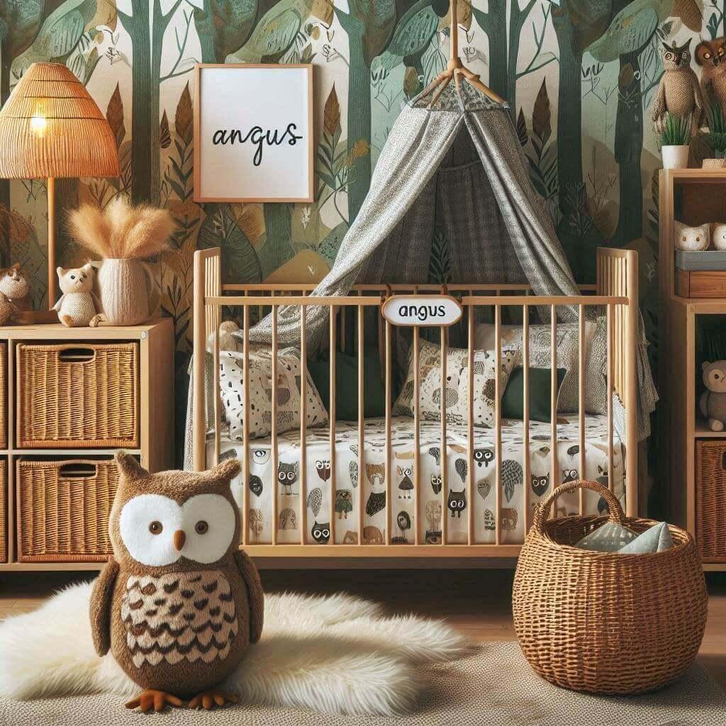 decoration de chambre tendance 2025, prenom angus, theme animaux de la foret avec berceau et affiche personnalisée