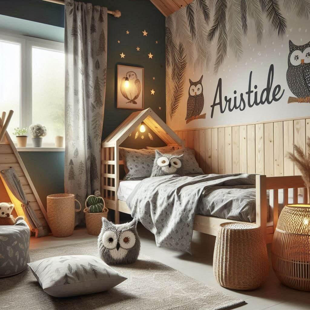 Une chambre de petit garcon inspiree de la foret avec le prenom aristide ecrit sur un coussin un lit cabane des draps et des rideaux avec des motifs de feuilles de hibou une lampe