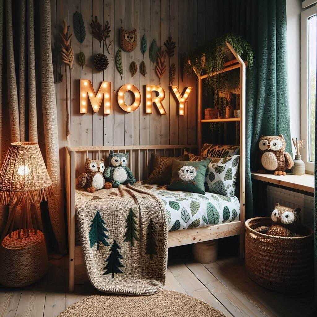 Une chambre de petit garcon inspiree de la foret avec le prenom mory ecrit en tricotin un lit cabane des draps et des rideaux avec des motifs de feuilles de hibou une lampe en roti