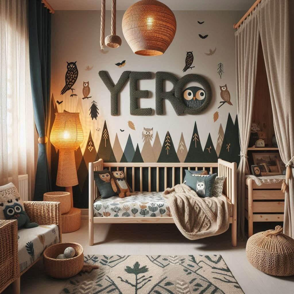Une chambre de petit garcon inspiree de la foret avec le prenom yero ecrit en tricotin un lit cabane des draps et des rideaux avec des motifs de feuilles de hibou une lampe en roti