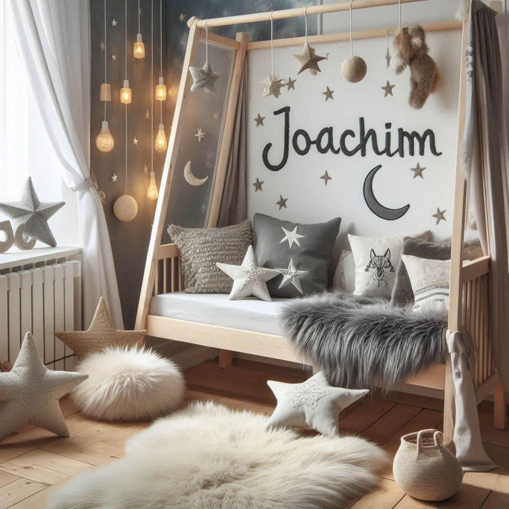 Une chambre de petit garcon nomme joachim avec un lit cabane un tapis de fourrure style scandinave coussins en forme d etoiles coussins en forme de lune et joachim brode sur un cou