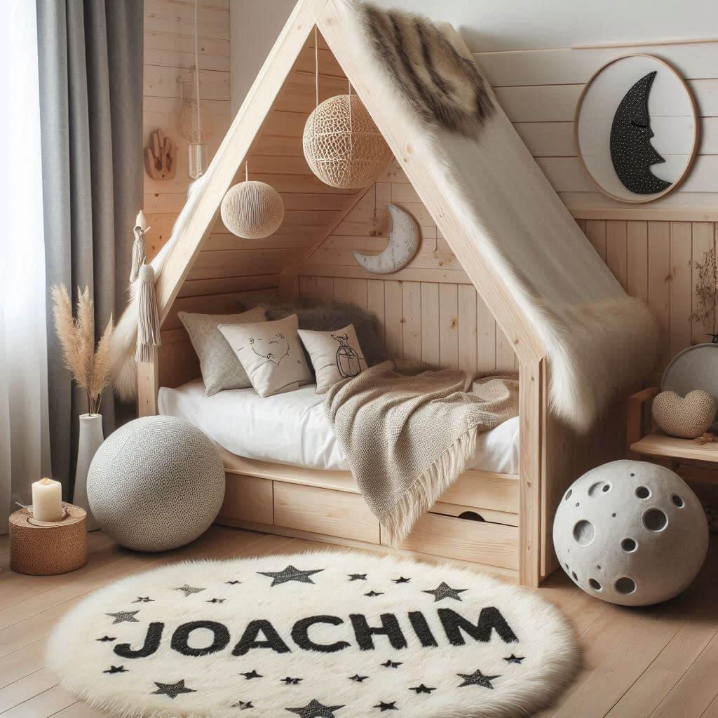 Une chambre de petit garcon nomme joachim avec un lit cabane un tapis de fourrure style scandinave coussins en forme d etoiles coussins en forme de lune et joachim brode sur un cou