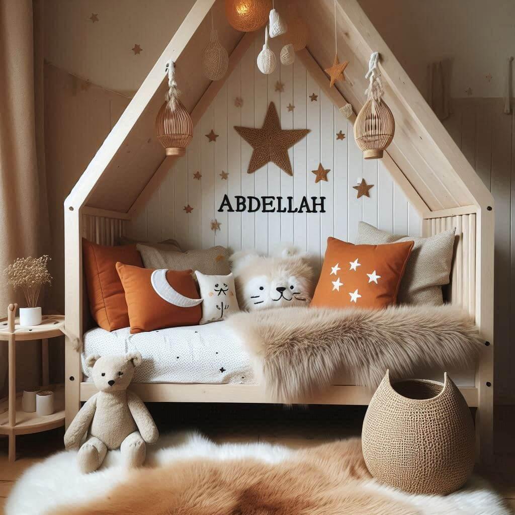 Chambre de petit garçon nommée Abdellah avec lit cabane, tapis de fourrure style scandinave, coussins en forme d'étoiles et de lune, prénom Abdellah brodé sur un coussin.