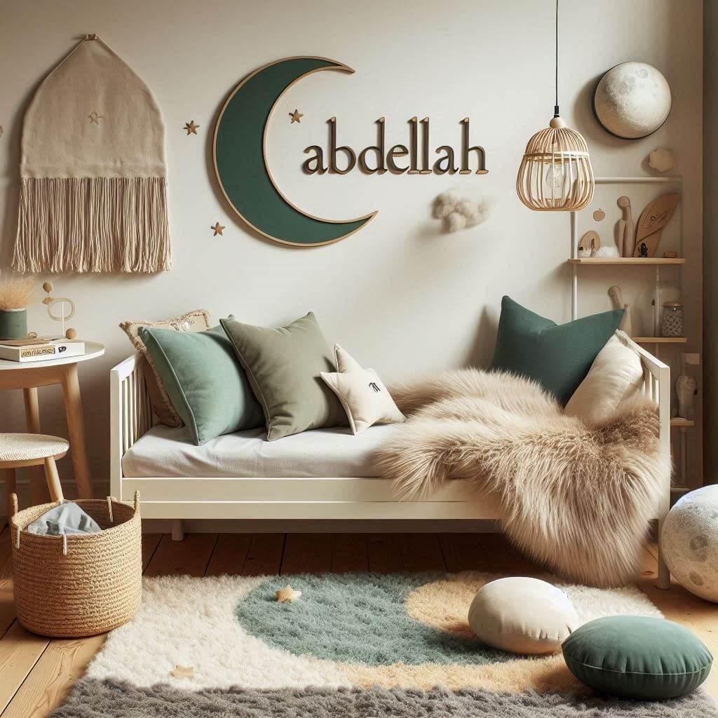 Chambre de petit garçon Abdellah avec lit simple, tapis scandinave, coussins étoile et lune, personnalisée avec le prénom Abdellah.
