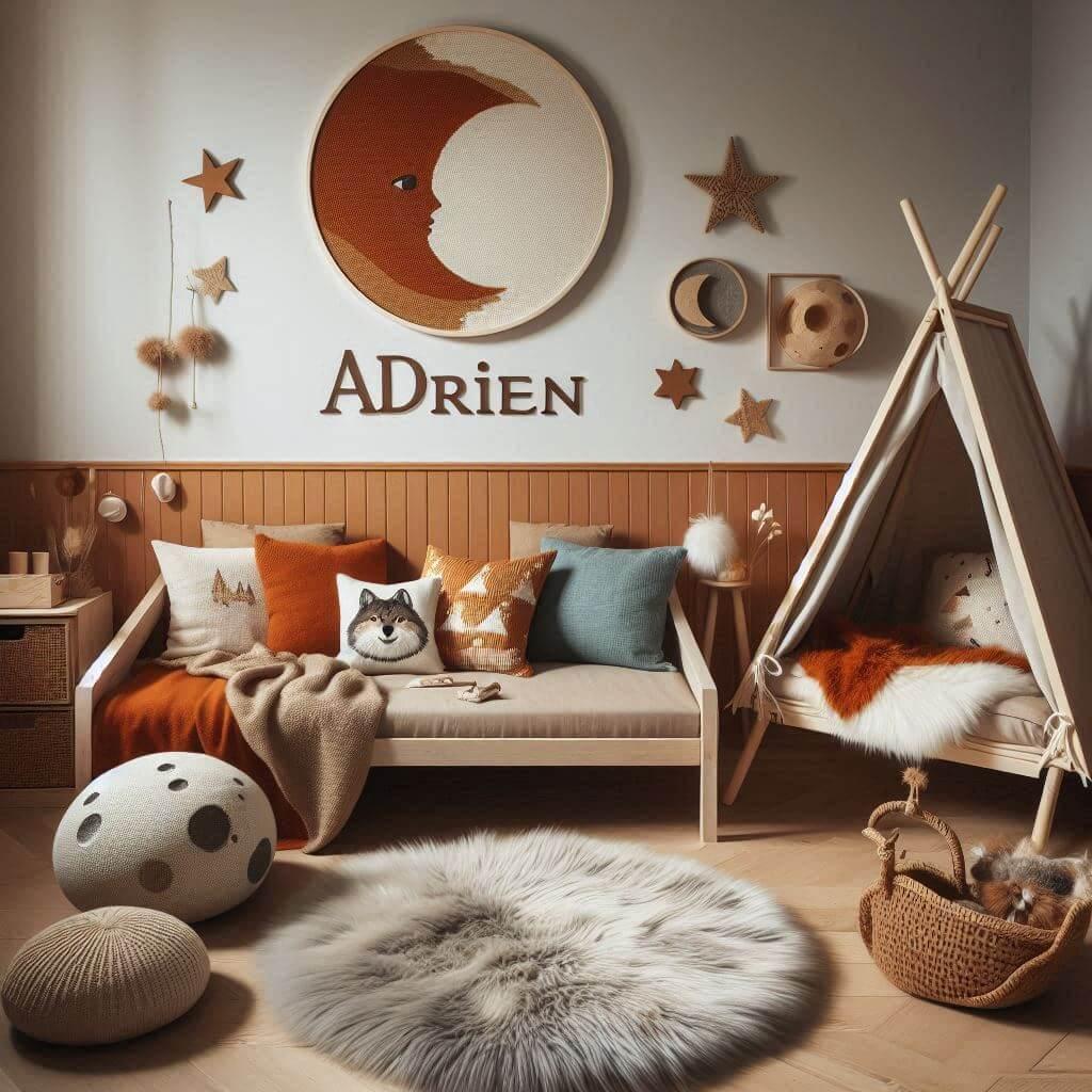 Chambre petit garçon Adrien lit cabane style scandinave coussins étoiles lune