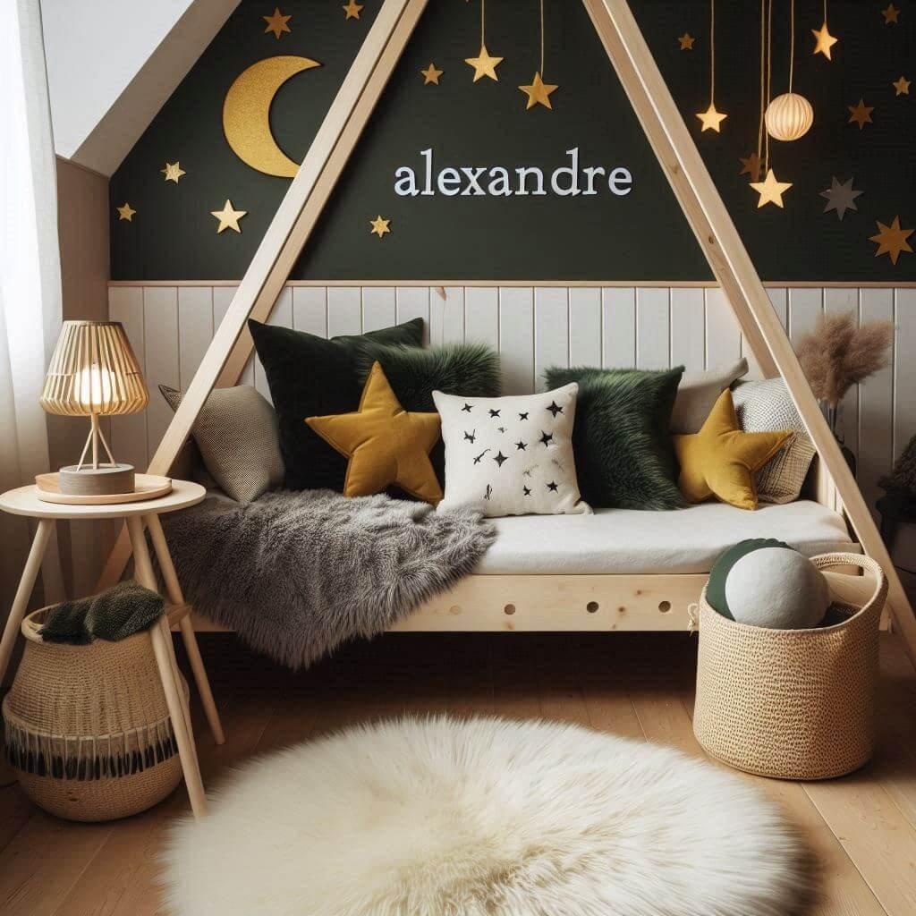 Chambre de petit garçon nommé Alexandre avec lit cabane, tapis de fourrure style scandinave, coussins étoiles et lune, prénom brodé sur un coussin