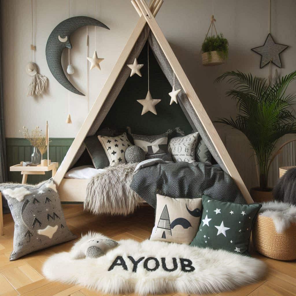 Une chambre de petit garcon qui se nomme ayoub avec un lit cabane un tapis de fourrure style scandinave