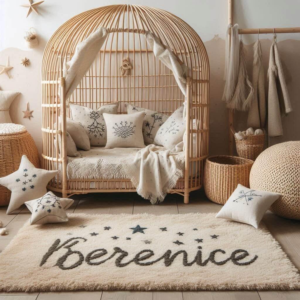 Une chambre de petite fille qui se nomme berenice ecrit en francais avec un lit cabane en rotin un tapis en laine moelleuse style boheme chic une deco douce et naturelle des coussi