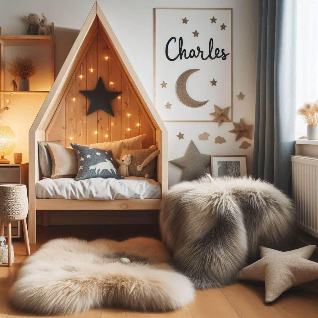 Une chambre de petit garcon qui se nomme charles avec un lit cabane un tapis de fourure style scandinave coussins en forme detoiles coussins en forme de lune charles est brode sur